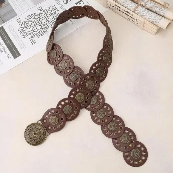Women Vintage Disc Waist Concho Leather Belt Boho Waist Belt Brown Bronze Buckle - Picture 7 of 7
